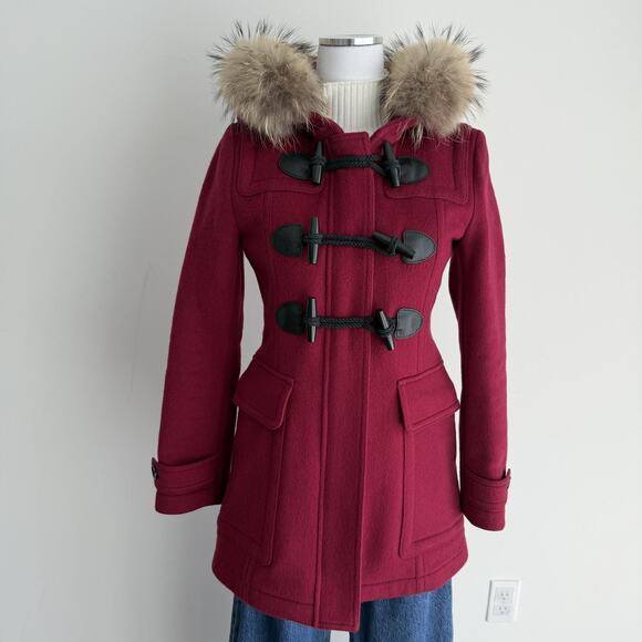 Burberry Brit Blackwell Coat Womens 8 Pink Wool Duffle Toggle Hooded Fur Trim - Picture 1 of 16